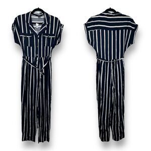 NWOT Toxik3 Women's Striped Jumpsuit Sz M Multicolor Belted‎ Waist Casual V-Neck